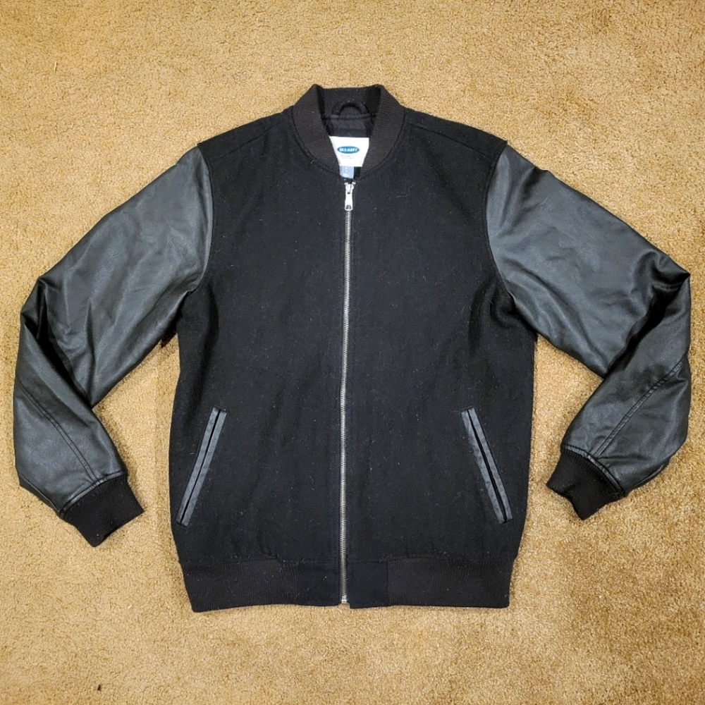 Old Navy Wool Blend & Faux Leather Varsity Bomber Jacket Black
